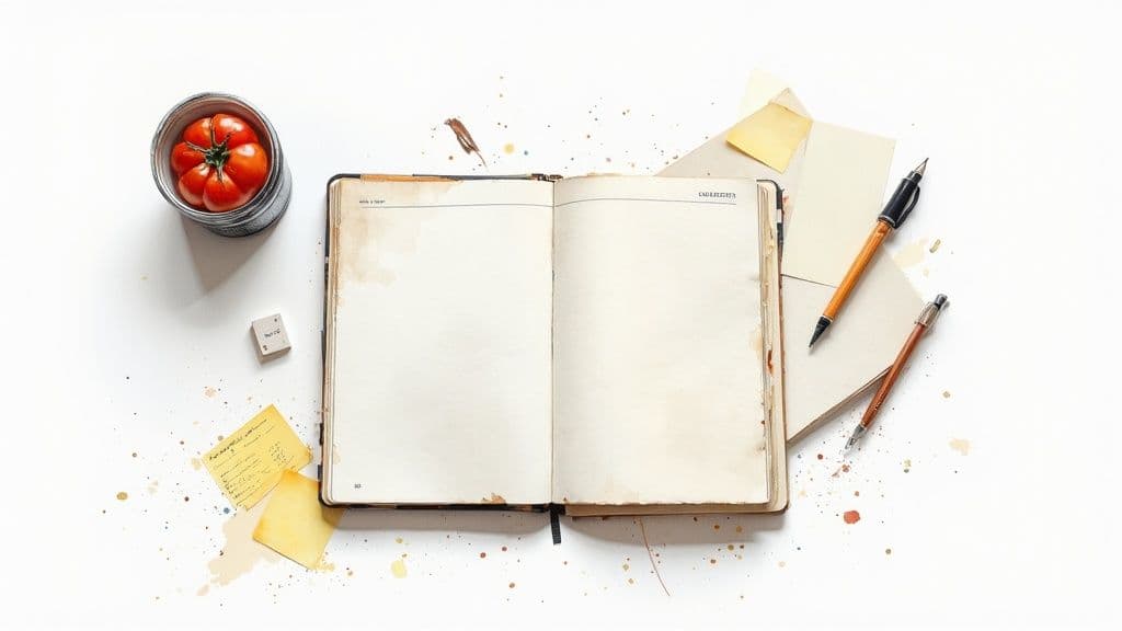 A person looking thoughtfully at a digital planner on a tablet, with sticky notes in the background.