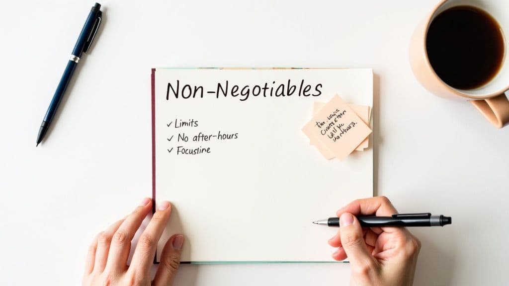 A person journaling at a desk, surrounded by plants, thoughtfully defining their priorities.
