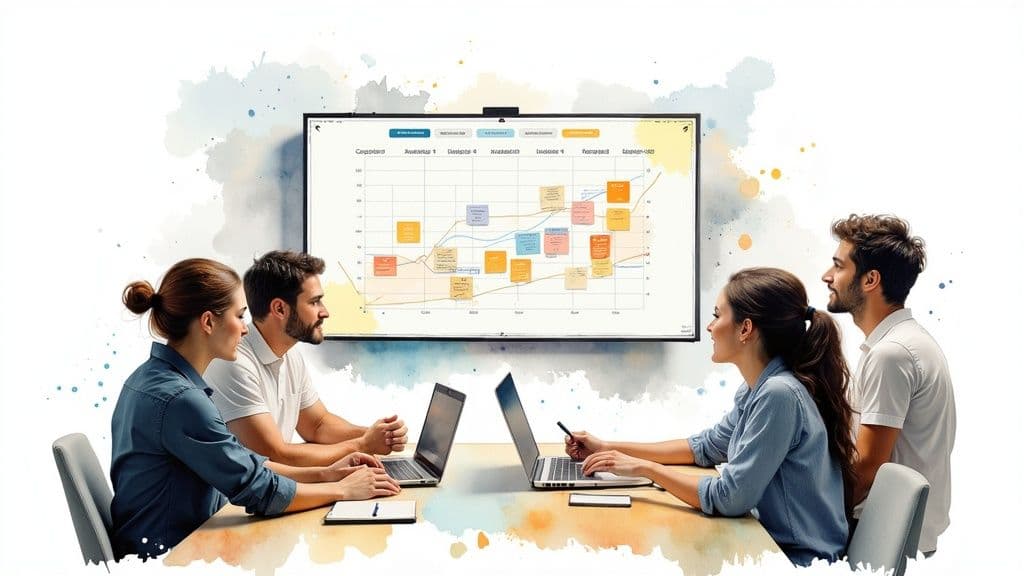 A team collaborating around a table, looking at data on a screen, making proactive decisions.