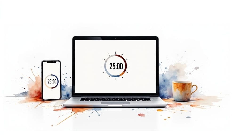 A person's hands setting a physical Pomodoro timer on a wooden desk next to a laptop.