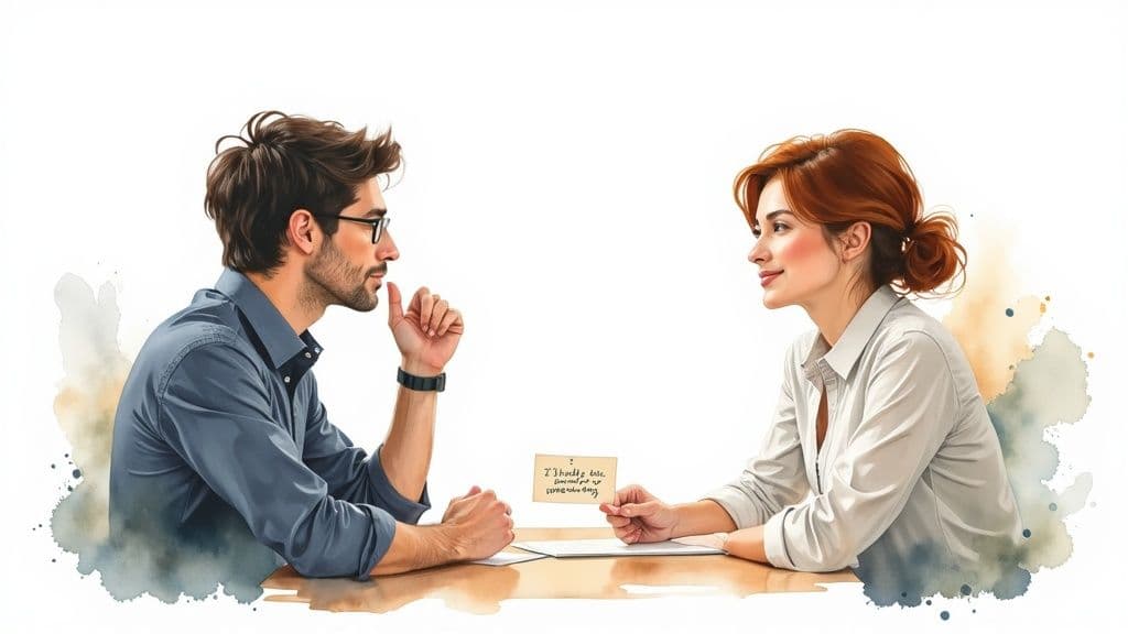 A professional woman confidently speaking to her manager in a modern office setting.