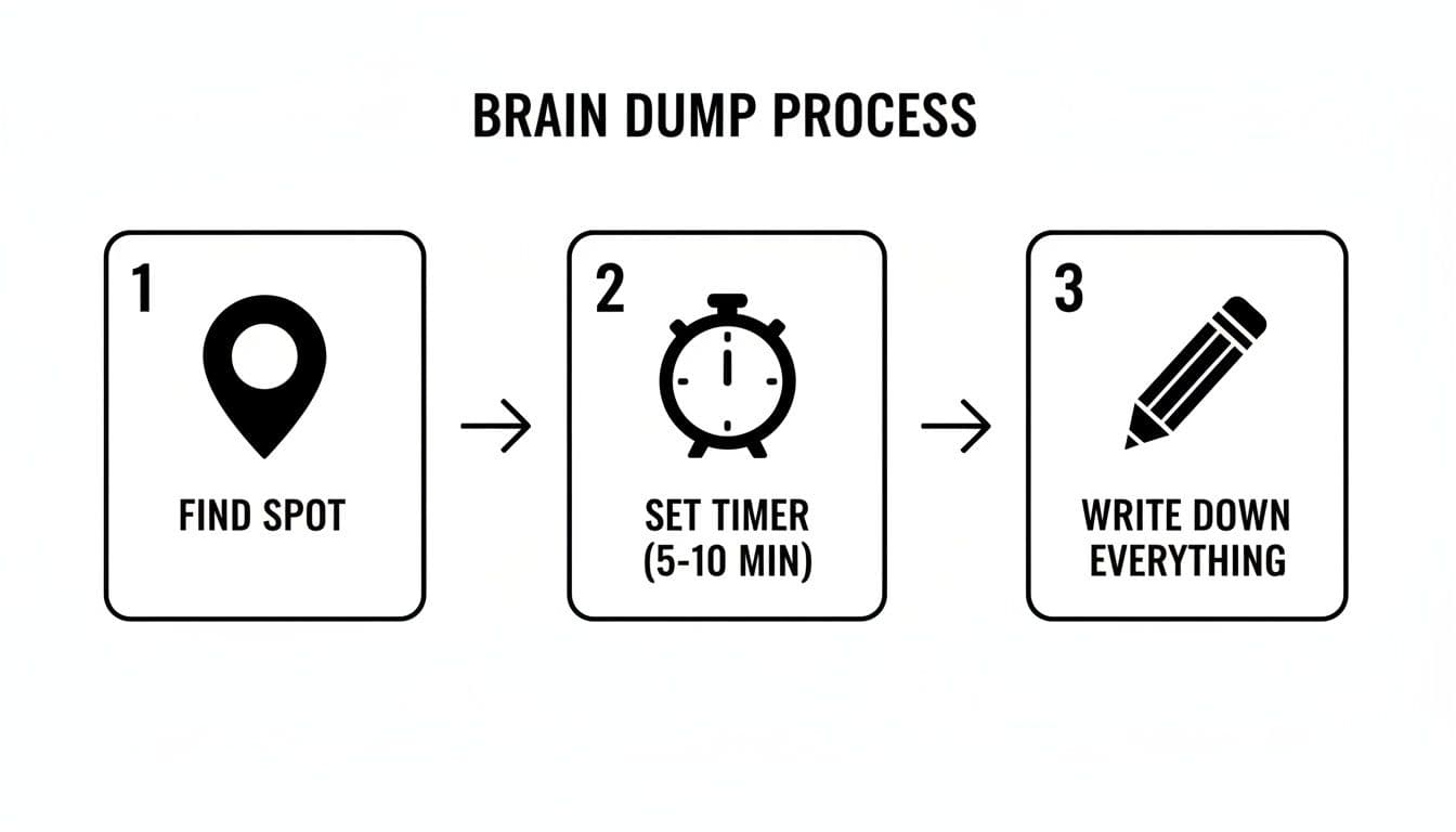 A visual guide outlining the three-step brain dump process: find spot, set timer, and write everything.